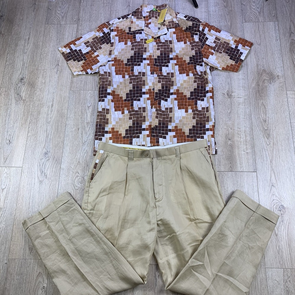 NWT Silver Silk Linen Geometric Brown Beige Leisure Suit 44 Size‎ Pants Men 3XL